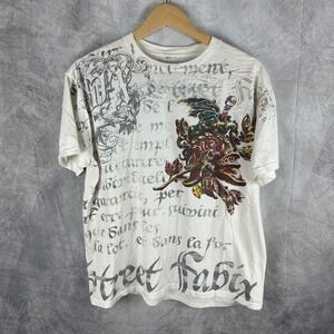 Xzavier Street Fabix Graphic T-Shirt Mens L Cream Y2K Gothic Wings Foil Print